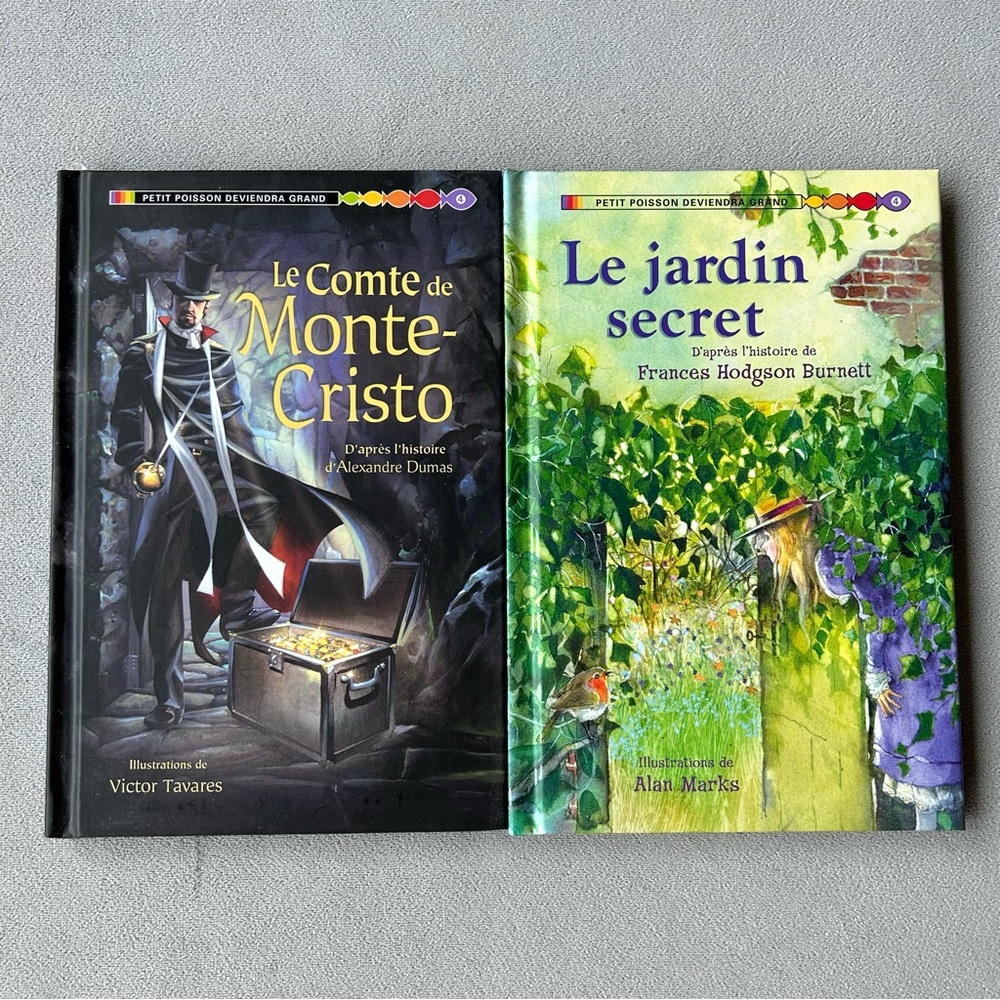 FRENCH ~ Set of 2 ~ Hardcover French Readers - Petit Poisson series ~ Level 4